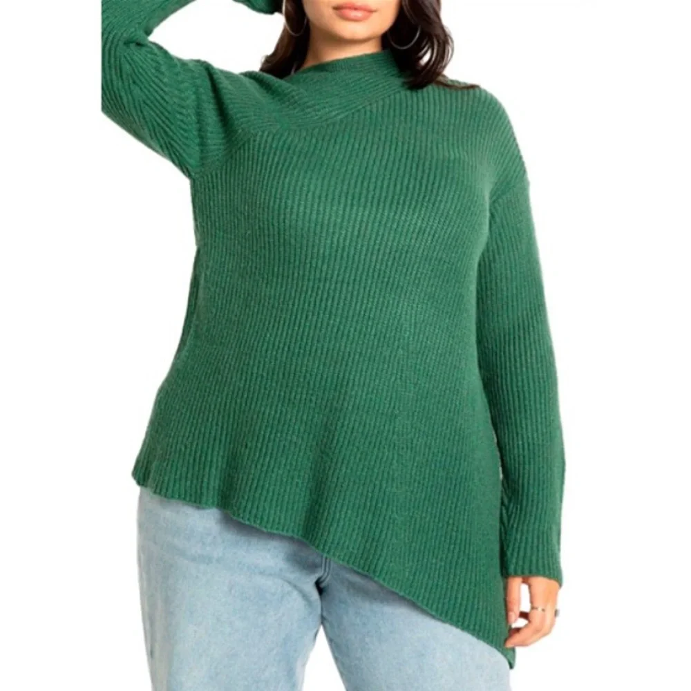 Eloquii Asymmetrical Hem Green Knit Sweater